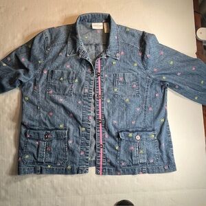 Alfred Dunner Denim Jacket Pink Green Butterfly Embroidery Women’s Size 14